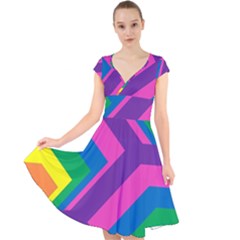 Geometric Rainbow Spectrum Colors Cap Sleeve Front Wrap Midi Dress