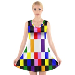 Rainbow Color Blocks Red Orange V-neck Sleeveless Skater Dress by Nexatart