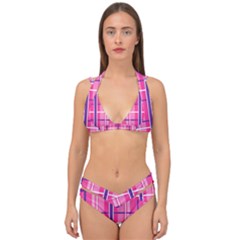 Gingham Hot Pink Navy White Double Strap Halter Bikini Set by Nexatart