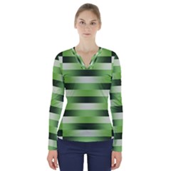 Pinstripes Green Shapes Shades V-neck Long Sleeve Top by Nexatart