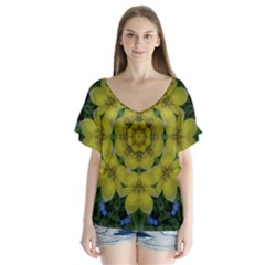 Fantasy Plumeria Decorative Real And Mandala V-neck Flutter Sleeve Top by pepitasart