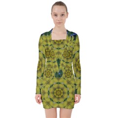 Fantasy Plumeria Decorative Real And Mandala V-neck Bodycon Long Sleeve Dress by pepitasart