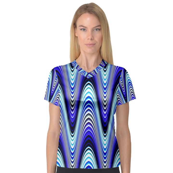 Waves Wavy Blue Pale Cobalt Navy V-Neck Sport Mesh Tee