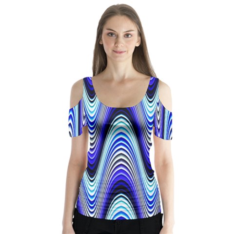 Waves Wavy Blue Pale Cobalt Navy Butterfly Sleeve Cutout Tee  by Nexatart