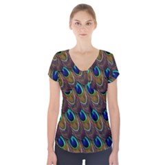 Peacock Feathers Bird Plumage Short Sleeve Front Detail Top by Nexatart