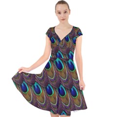 Peacock Feathers Bird Plumage Cap Sleeve Front Wrap Midi Dress by Nexatart