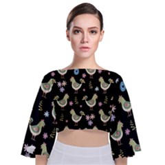 Easter Pattern Tie Back Butterfly Sleeve Chiffon Top