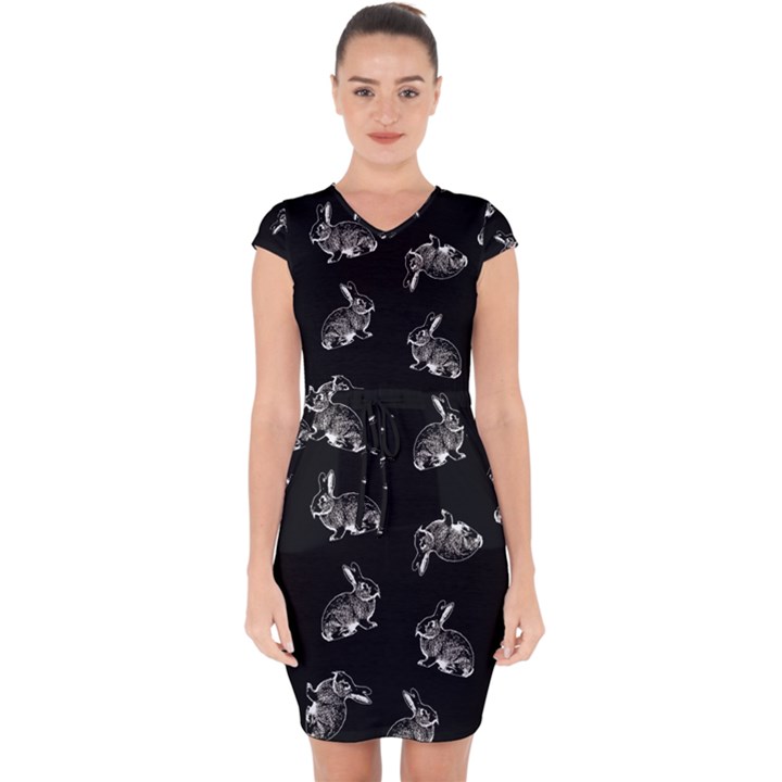 Rabbit pattern Capsleeve Drawstring Dress 