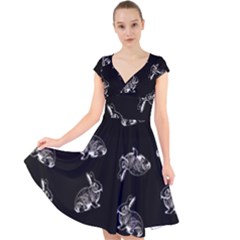 Rabbit pattern Cap Sleeve Front Wrap Midi Dress