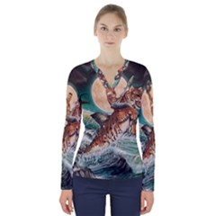 Tiger Shark V-neck Long Sleeve Top by redmaidenart