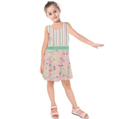 Light Pink & Green Woodland Stripes Pattern Kids  Sleeveless Dress by PattyVilleDesigns