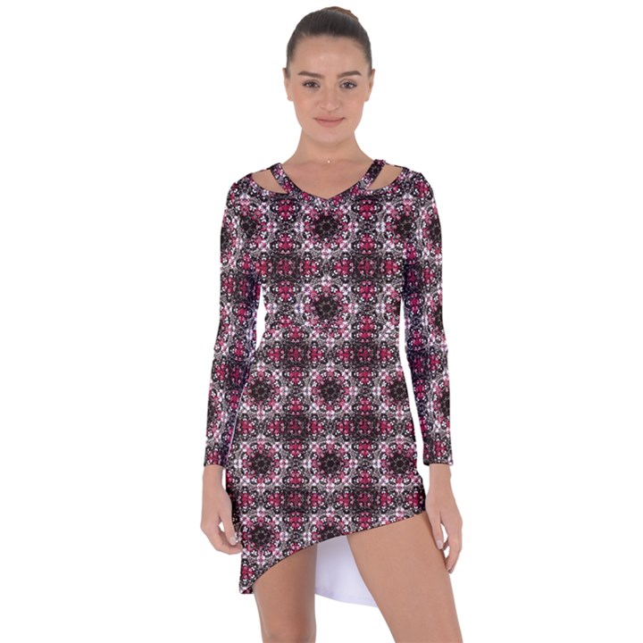 Oriental Ornate Pattern Asymmetric Cut-Out Shift Dress