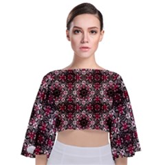 Oriental Ornate Pattern Tie Back Butterfly Sleeve Chiffon Top