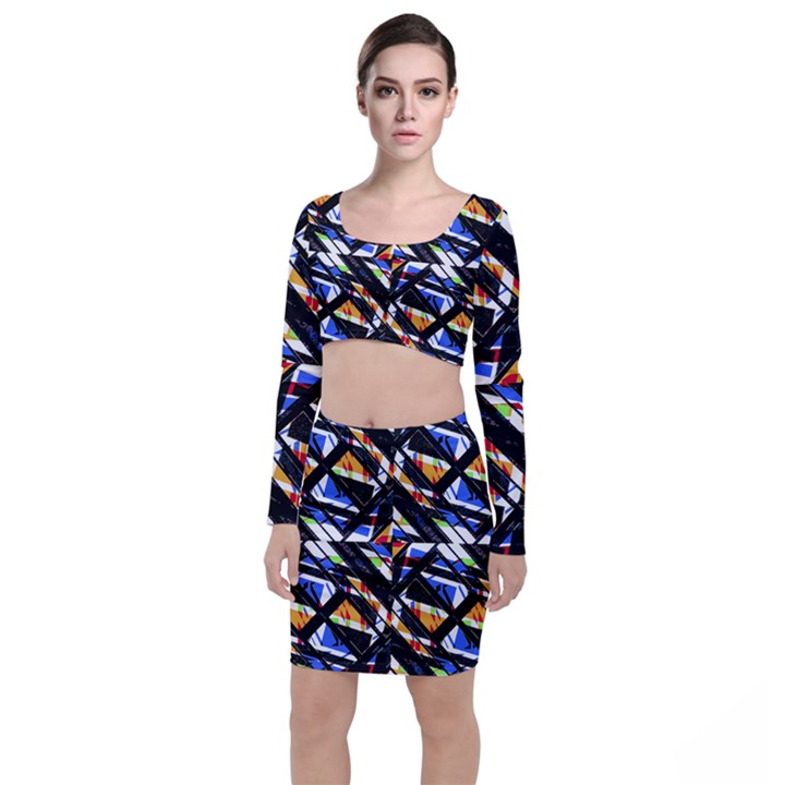 Multicolor Geometric Abstract Pattern Long Sleeve Crop Top & Bodycon Skirt Set