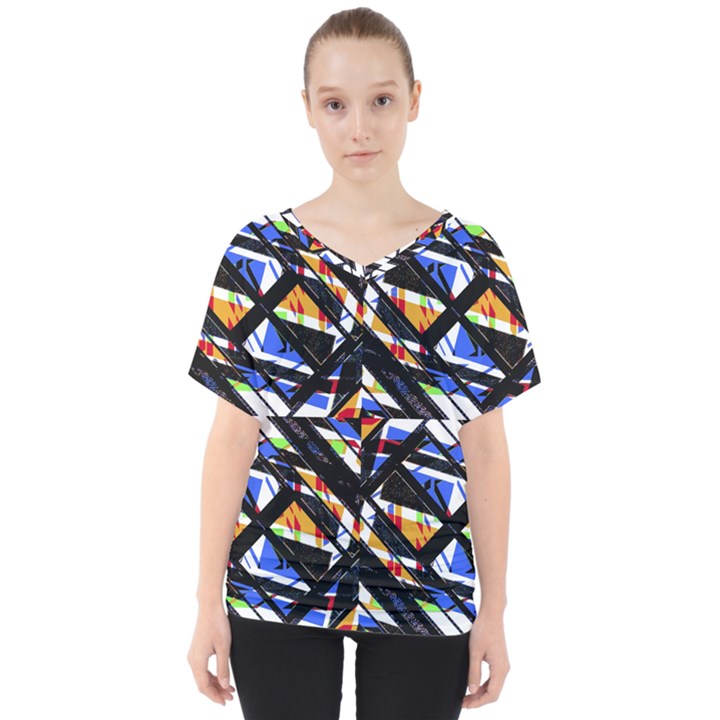 Multicolor Geometric Abstract Pattern V-Neck Dolman Drape Top