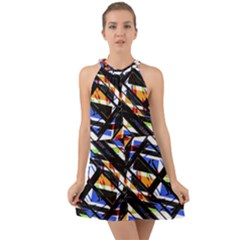 Multicolor Geometric Abstract Pattern Halter Tie Back Chiffon Dress by dflcprints