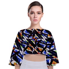 Multicolor Geometric Abstract Pattern Tie Back Butterfly Sleeve Chiffon Top