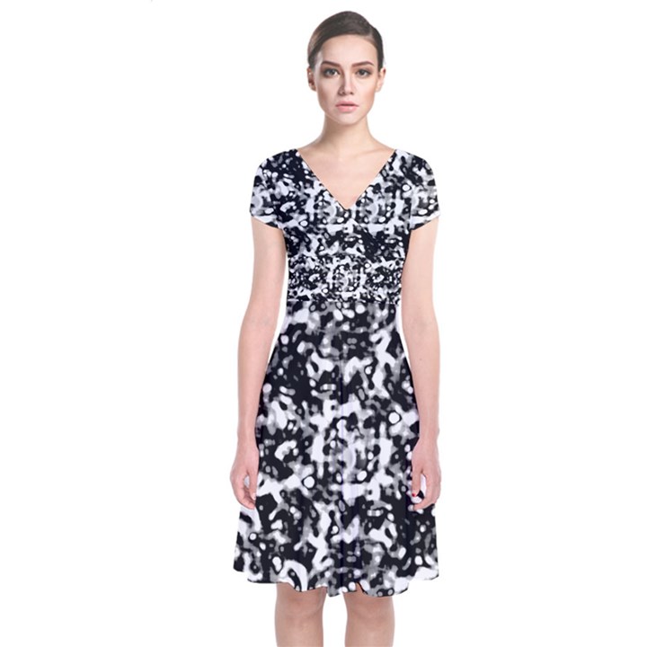 Black And White Abstract Texture Short Sleeve Front Wrap Dress