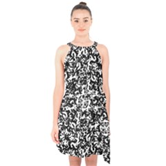 Black And White Abstract Texture Halter Collar Waist Tie Chiffon Dress by dflcprints