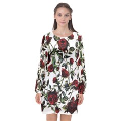 Red Roses Long Sleeve Chiffon Shift Dress 