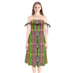 Sunset Love In The Rainbow Decorative Shoulder Tie Bardot Midi Dress by pepitasart