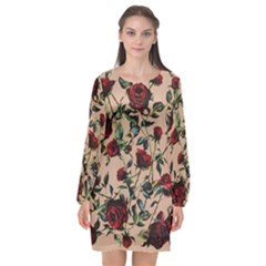 Red Roses Long Sleeve Chiffon Shift Dress 