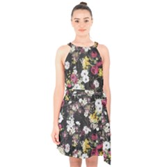 Floral Print Halter Collar Waist Tie Chiffon Dress by CasaDiModa