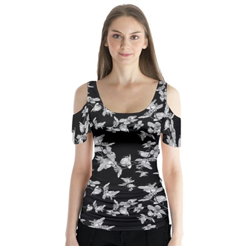 Dark Orquideas Floral Pattern Print Butterfly Sleeve Cutout Tee  by dflcprints