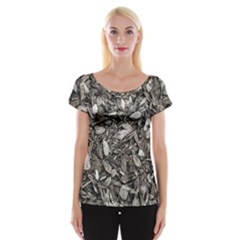 Black And White Leaves Pattern Cap Sleeve Tops by dflcprints