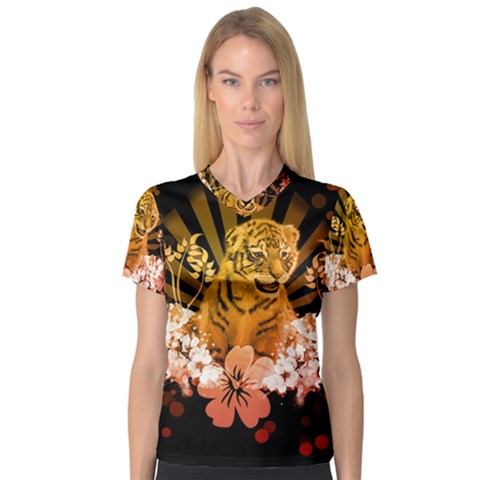 Cute Little Tiger With Flowers V-neck Sport Mesh Tee by FantasyWorld7