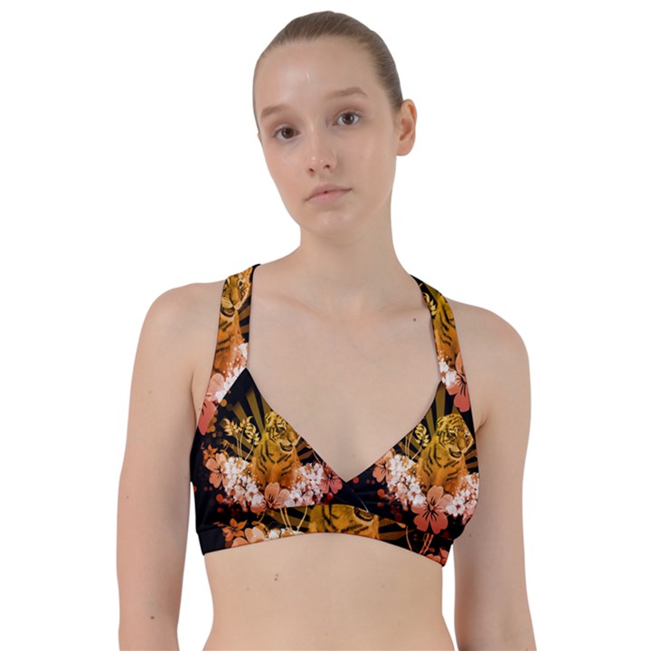 Cute Little Tiger With Flowers Sweetheart Sports Bra