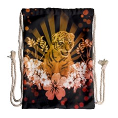 Cute Little Tiger With Flowers Drawstring Bag (large) by FantasyWorld7