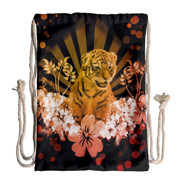 Cute Little Tiger With Flowers Drawstring Bag (Large)