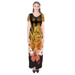 Cute Little Tiger With Flowers Short Sleeve Maxi Dress by FantasyWorld7