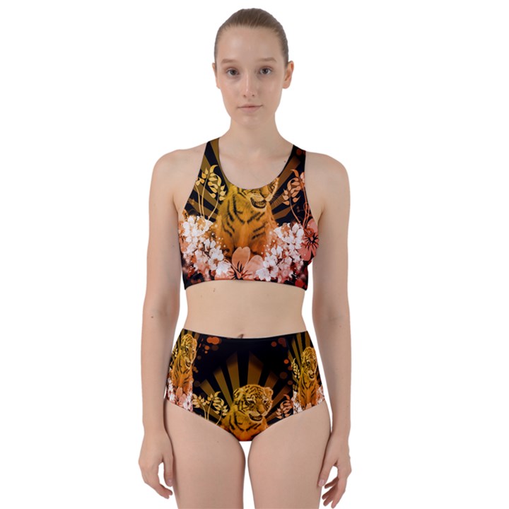 Cute Little Tiger With Flowers Racer Back Bikini Set