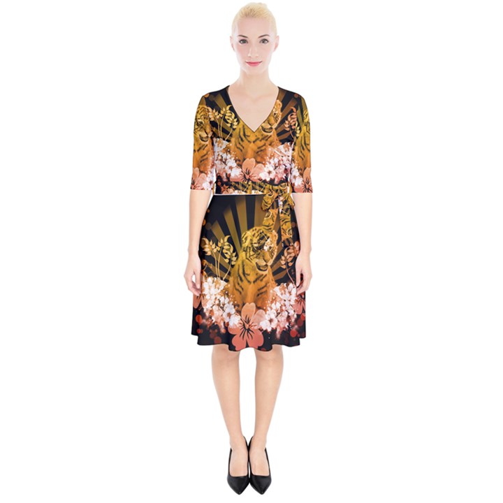 Cute Little Tiger With Flowers Wrap Up Cocktail Dress