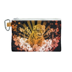 Cute Little Tiger With Flowers Canvas Cosmetic Bag (medium) by FantasyWorld7