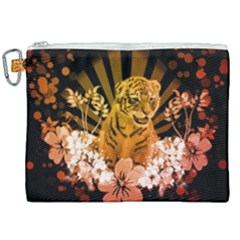 Cute Little Tiger With Flowers Canvas Cosmetic Bag (xxl) by FantasyWorld7