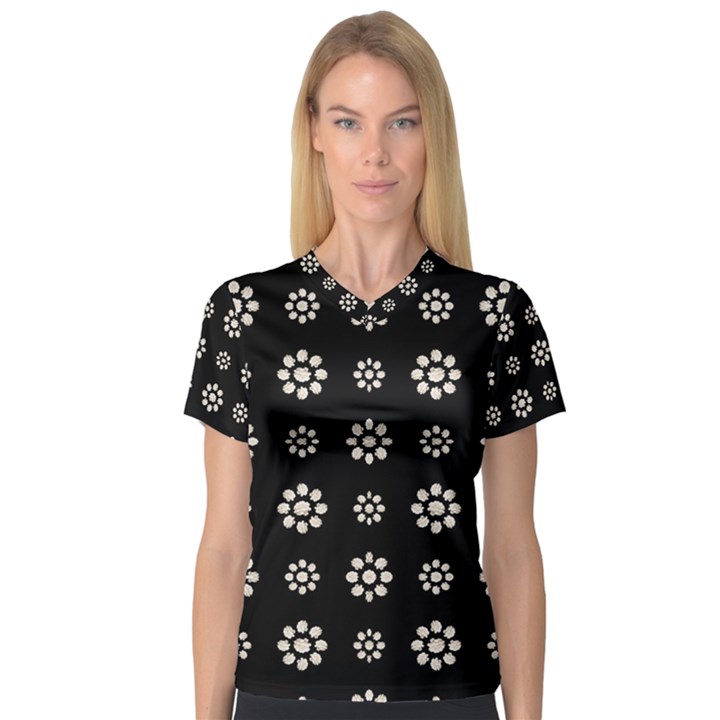 Dark Stylized Floral Pattern V-Neck Sport Mesh Tee