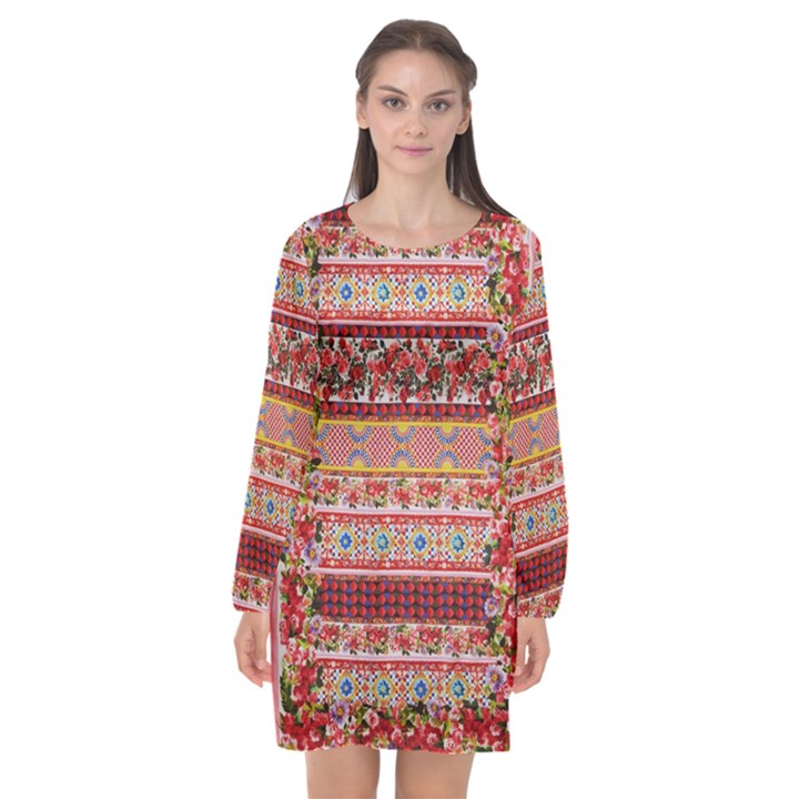 Carretto Siciliano Long Sleeve Chiffon Shift Dress 