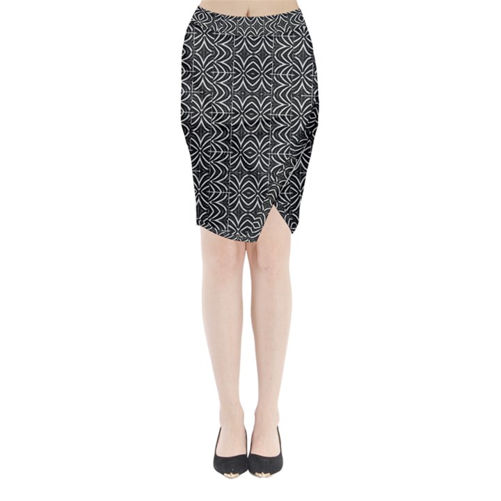 Black And White Tribal Print Midi Wrap Pencil Skirt