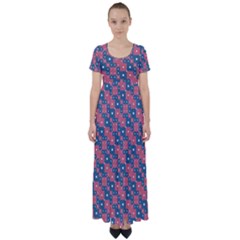 Squares And Circles Motif Geometric Pattern High Waist Short Sleeve Maxi Dress