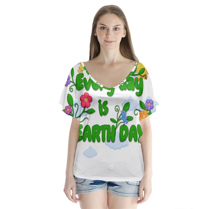 Earth Day V-Neck Flutter Sleeve Top