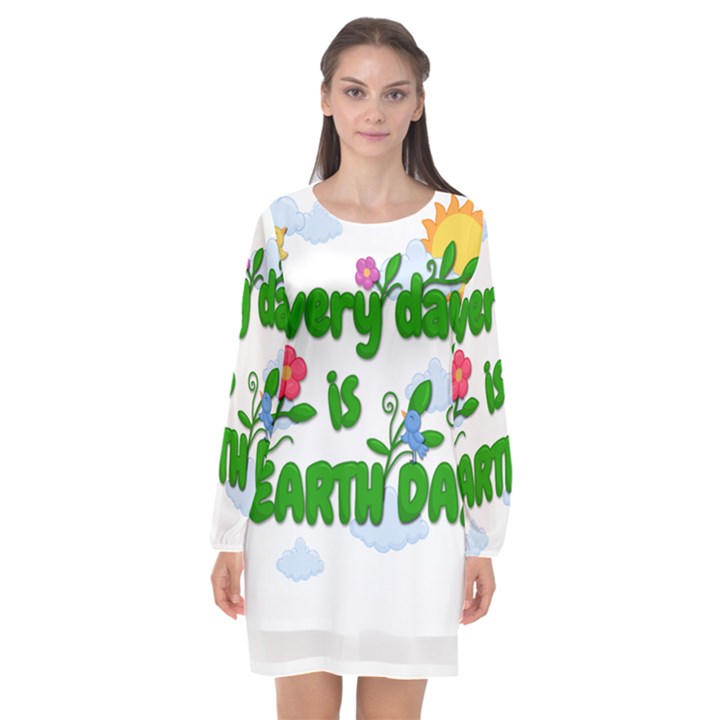 Earth Day Long Sleeve Chiffon Shift Dress 