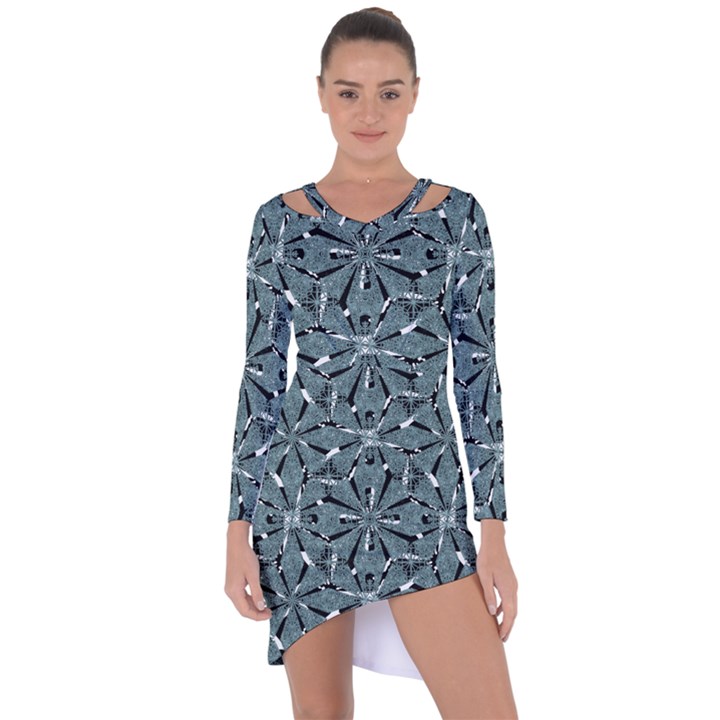 Modern Oriental Ornate Pattern Asymmetric Cut-Out Shift Dress