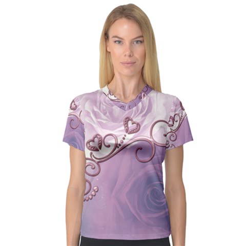 Wonderful Soft Violet Roses With Hearts V-neck Sport Mesh Tee by FantasyWorld7