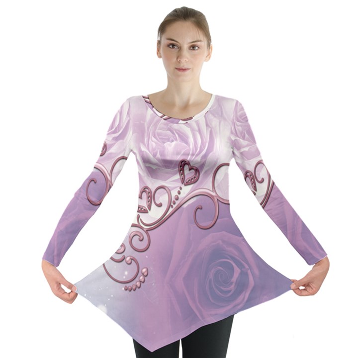 Wonderful Soft Violet Roses With Hearts Long Sleeve Tunic 