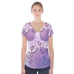 Wonderful Soft Violet Roses With Hearts Short Sleeve Front Detail Top by FantasyWorld7