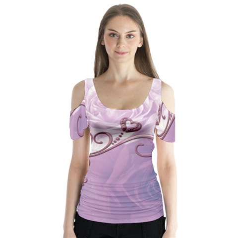 Wonderful Soft Violet Roses With Hearts Butterfly Sleeve Cutout Tee  by FantasyWorld7