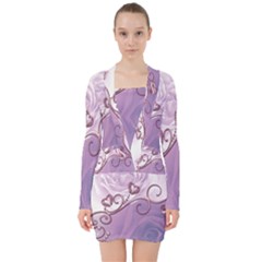 Wonderful Soft Violet Roses With Hearts V-neck Bodycon Long Sleeve Dress by FantasyWorld7